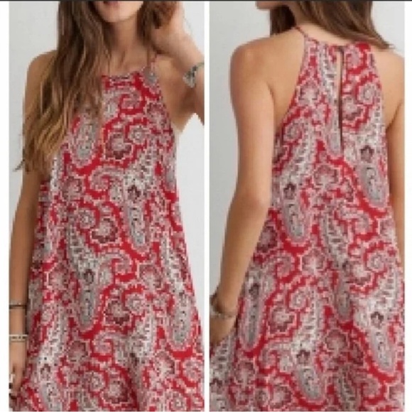 American Eagle Outfitters Red Boho High Neck Shift Dress Pockets Coastal Cowgirl - Picture 2 of 9
